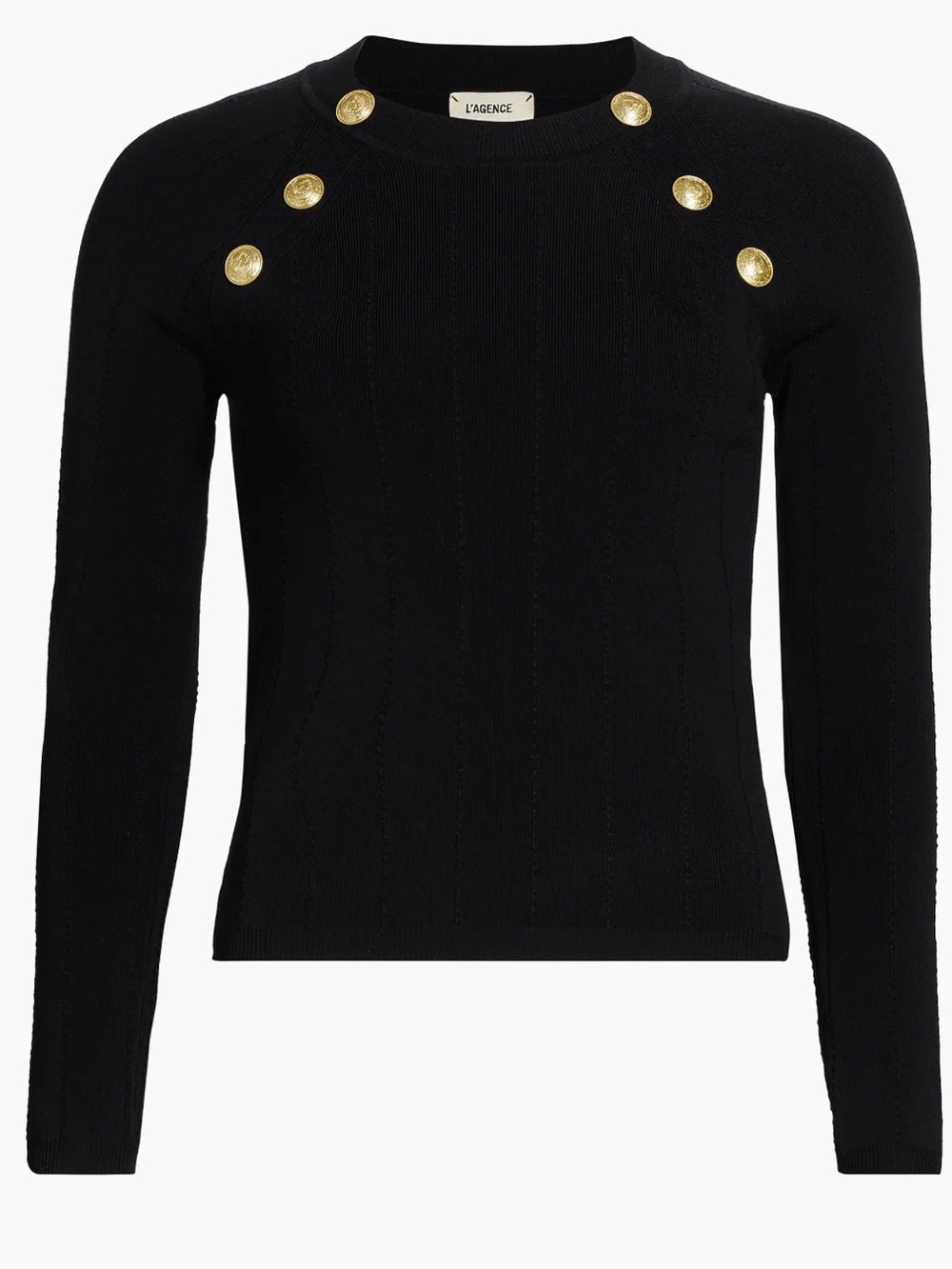 L'AGENCE Gretchen Black Long-Sleeve Ribbed Sweater with Gold Buttons